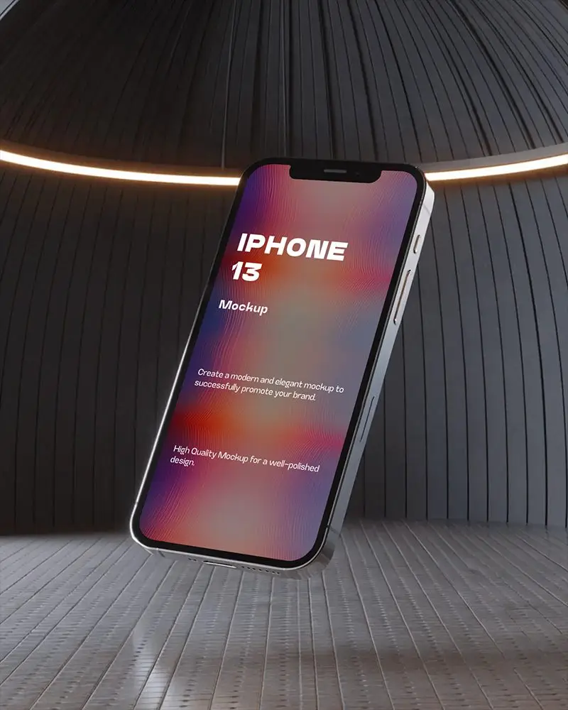 Iphone 13 Mockup Hovering In Modern Architectural Space With Curved Walls And Glowing Halo Light