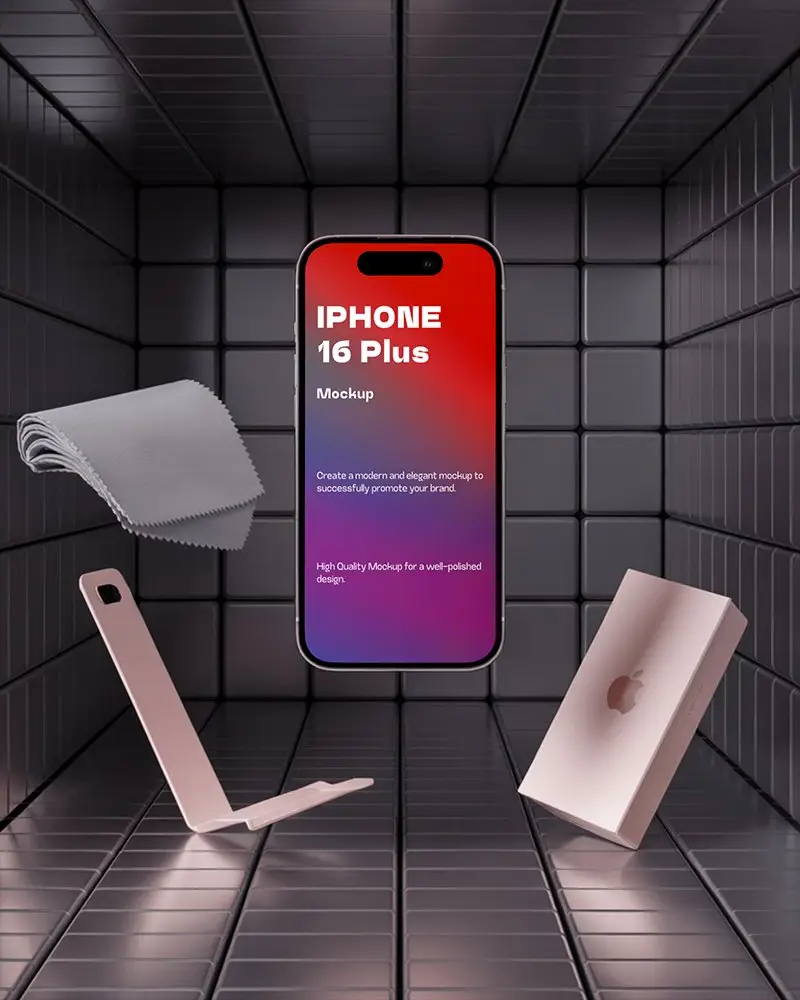 Premium Iphone 16 Plus Mockup In Modern Tech Cube Space With Accessory Kit And Glow Light