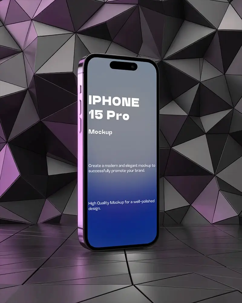 Iphone 15 Pro Mockup Standing In Front Of Geometric Purple Faceted Wall Modern And Futuristic Look