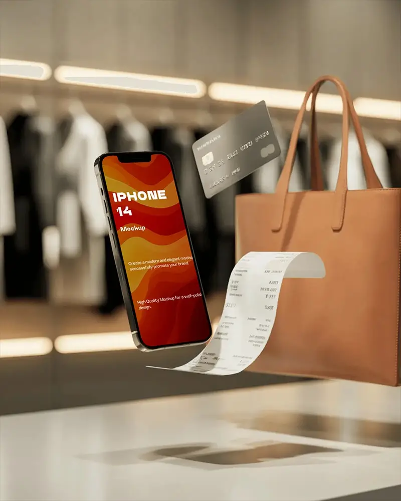 Iphone 14 Mockup In Luxury Retail Store Scene With Floating Card Receipt And Leather Tote Bag