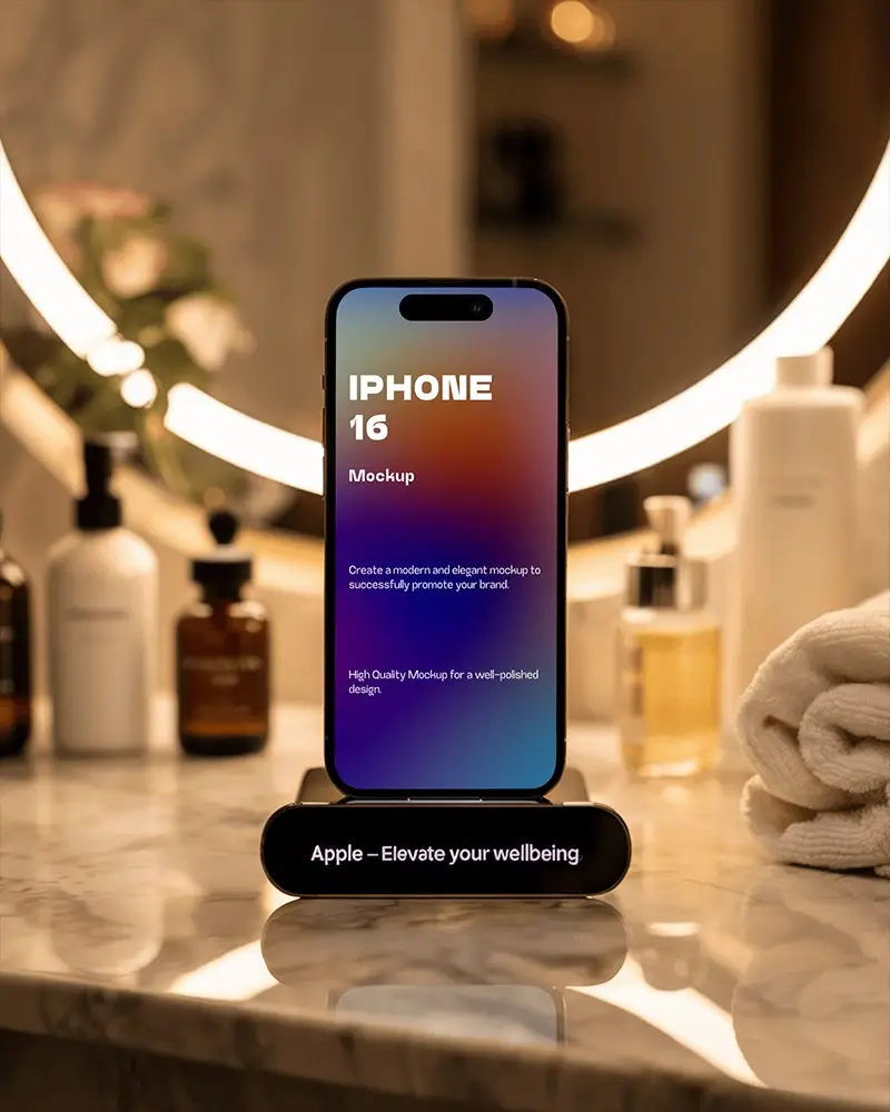 Elegant Iphone 16 Mockup On Dock In Beauty Vanity Setup With Soft Warm Lighting
