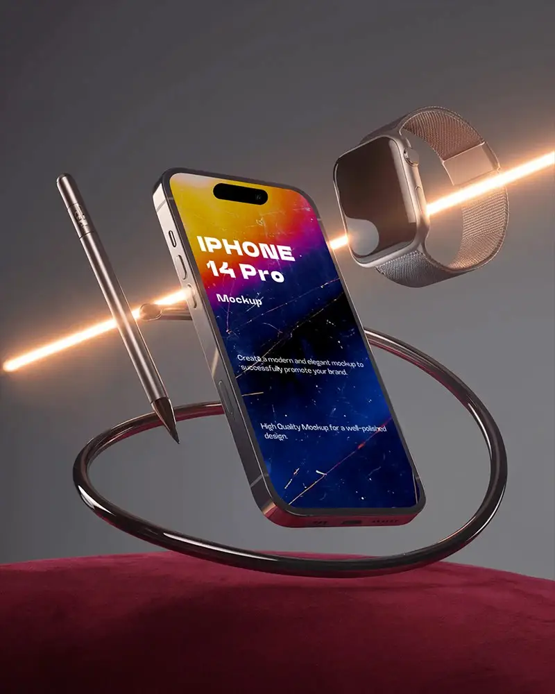 Iphone 14 Pro Mockup Floating With Apple Watch And Stylus In Futuristic Light Beam Setup
