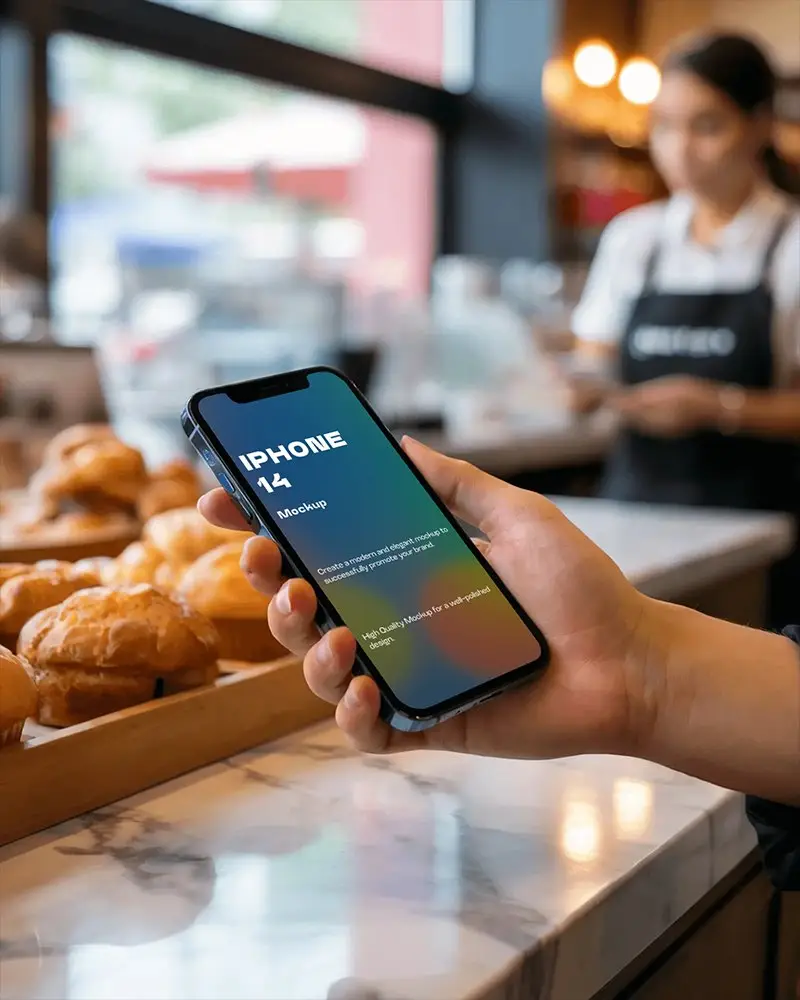 Iphone 14 Mockup In Hand At Bakery Counter With Fresh Pastries And Cashier In Background