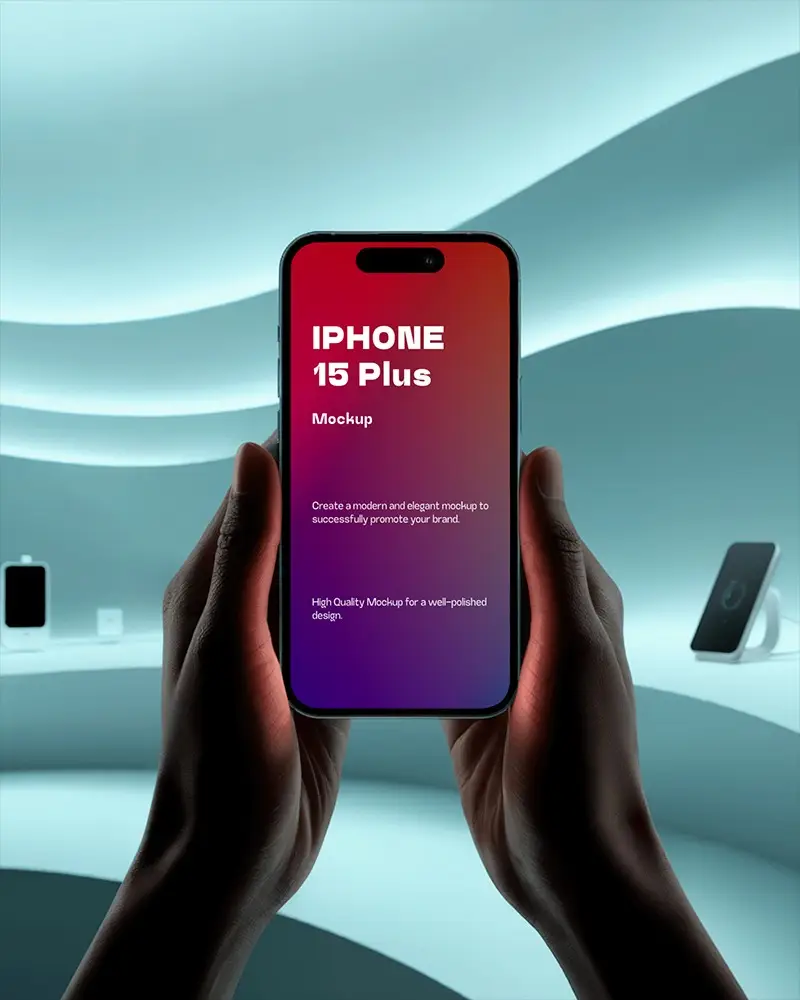 Iphone 15 Plus Mockup Held In Hand In Modern Tech Showroom With Soft Wavy Light Panels