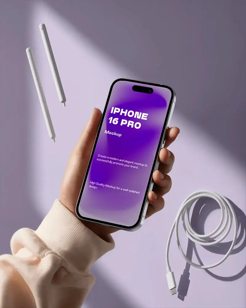 Iphone 16 Pro Mockup Held In Hand With Floating Apple Pencil And Lightning Cable On Purple Background