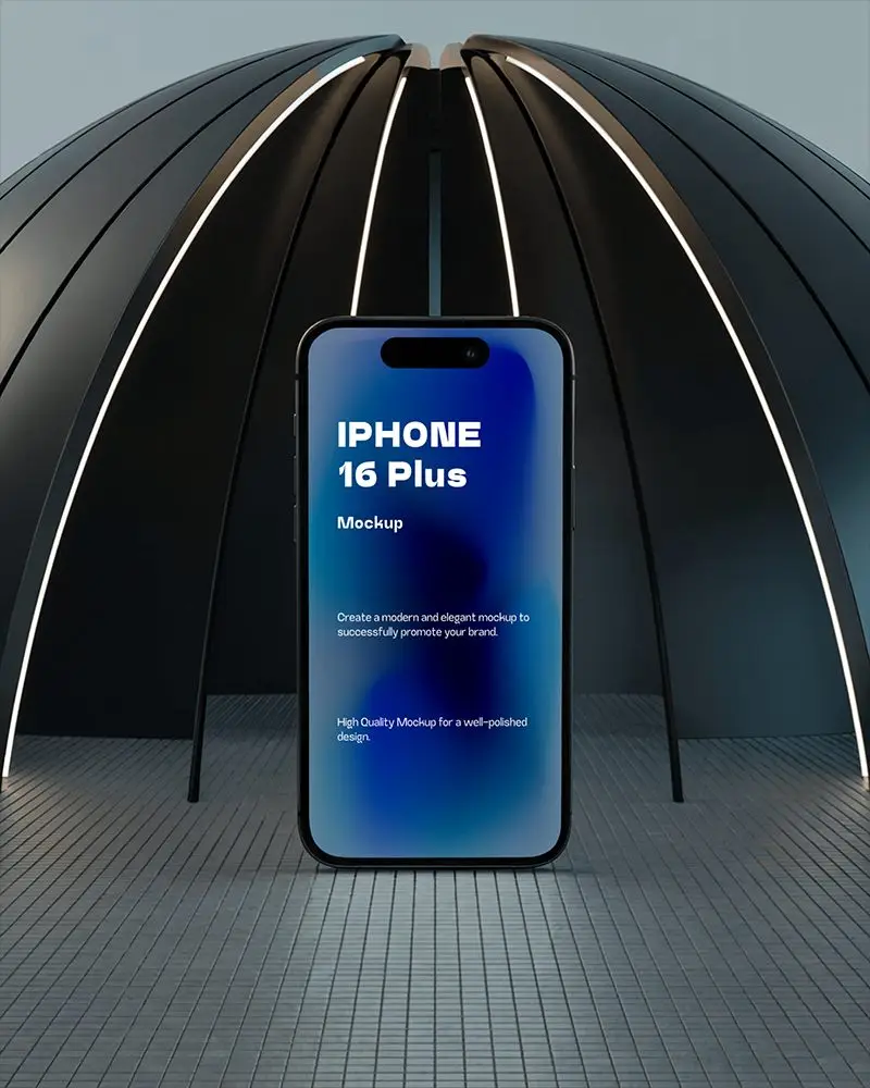 Iphone 16 Plus Mockup In Front Of Illuminated Tech Dome With Vertical Light Strips And Tile Floor