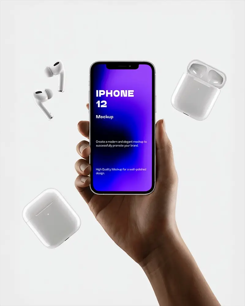 Iphone 12 Mockup Held In Hand With Floating Airpods And Cases On Minimal White Background