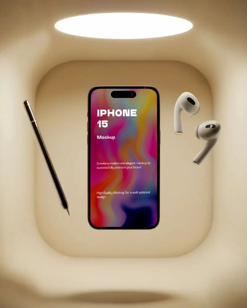 Iphone 15 Mockup Floating In Soft Lit Capsule With Stylus And Earbuds Modern Minimal Tech Display