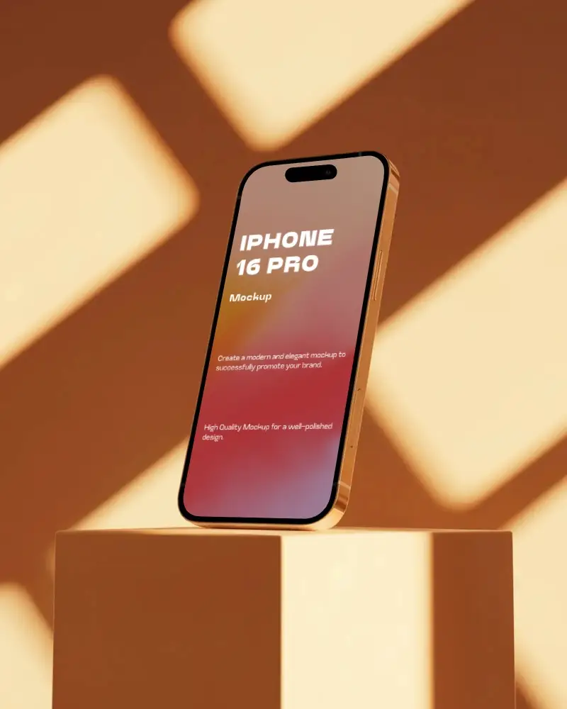 Elegant Iphone 16 Pro Mockup Angled View On Platform With Bold Sunlight And Abstract Light Patterns