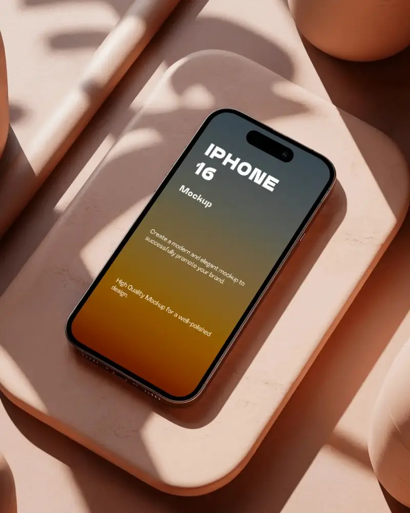 Iphone 16 Mockup Flat Lay On Soft Peach Surface With Organic Shadows And Minimal Modern Background