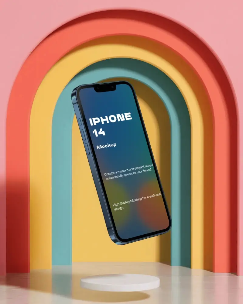 Iphone 14 Mockup Floating On Podium With Rainbow Arch Background In Modern Pastel Studio Setting