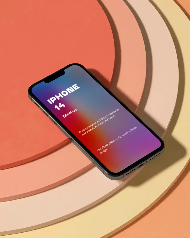 Iphone 14 Mockup Flatlay On Retro Arched Layers In Orange And Cream Tones With Studio Light Shadow