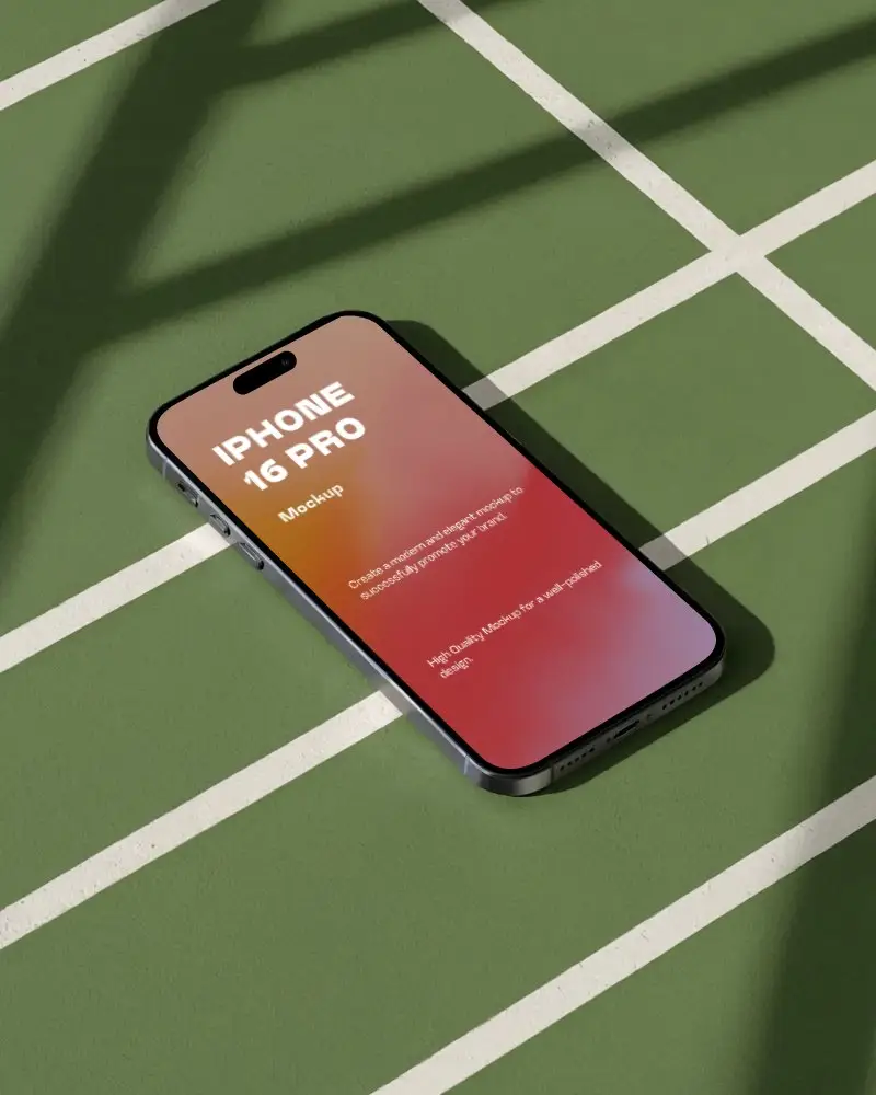 Iphone 16 Pro Mockup On Green Court Surface With Crisp Light Lines And Natural Shadows