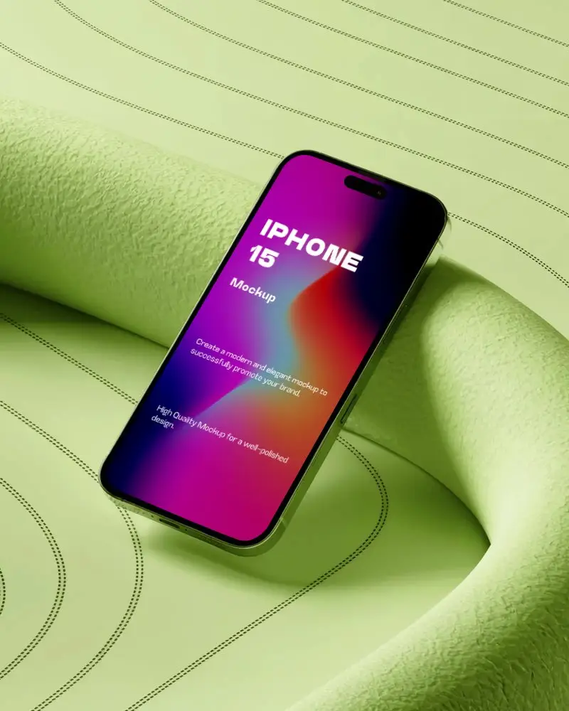 Iphone 15 Mockup On Textured Curved Green Surface With Abstract Minimal Background