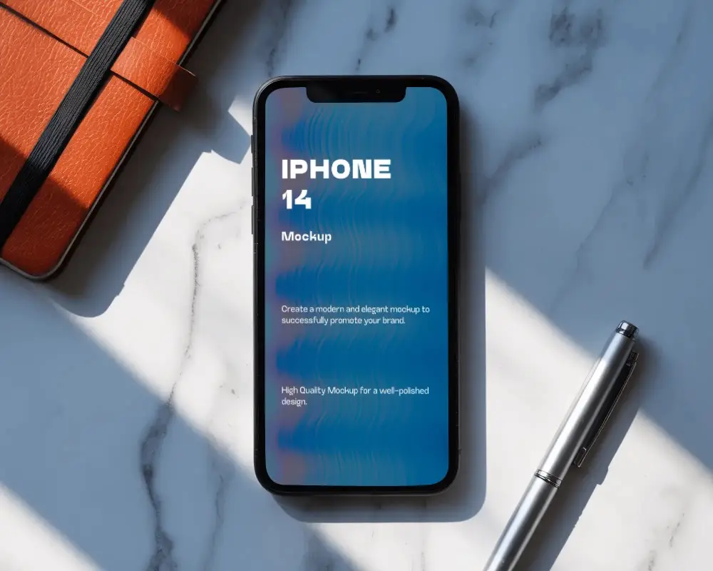 Iphone 14 Mockup Flat Lay On White Marble Surface With Notebook And Pen In Sunlight