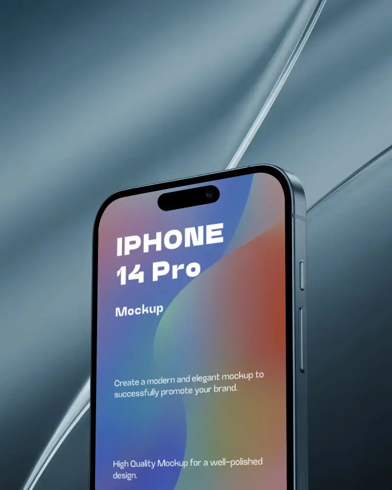 Iphone 14 Pro Mockup Close Up Side View Against Sleek Metallic Blue Abstract Background