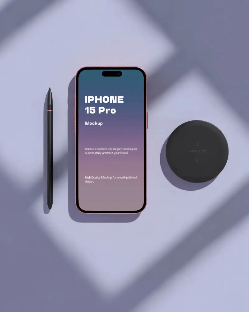 Iphone 15 Pro Mockup Top View Arrangement With Wireless Dock And Precision Stylus