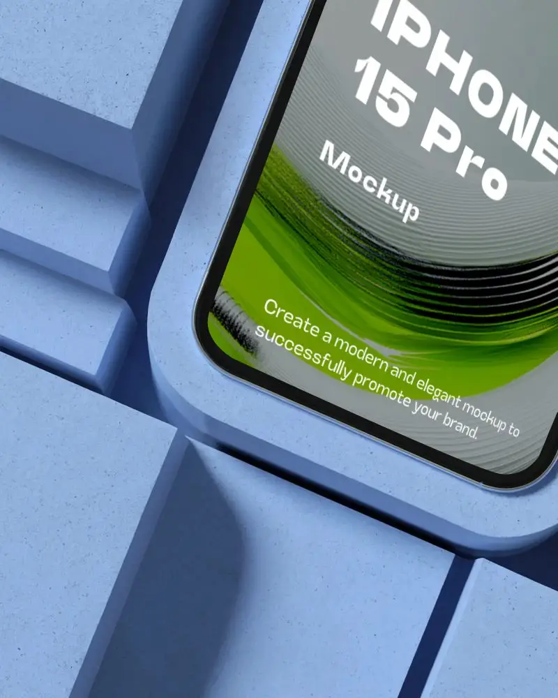 Iphone 15 Mockup Close Corner View Integrated Into Geometric Blue Block Architecture