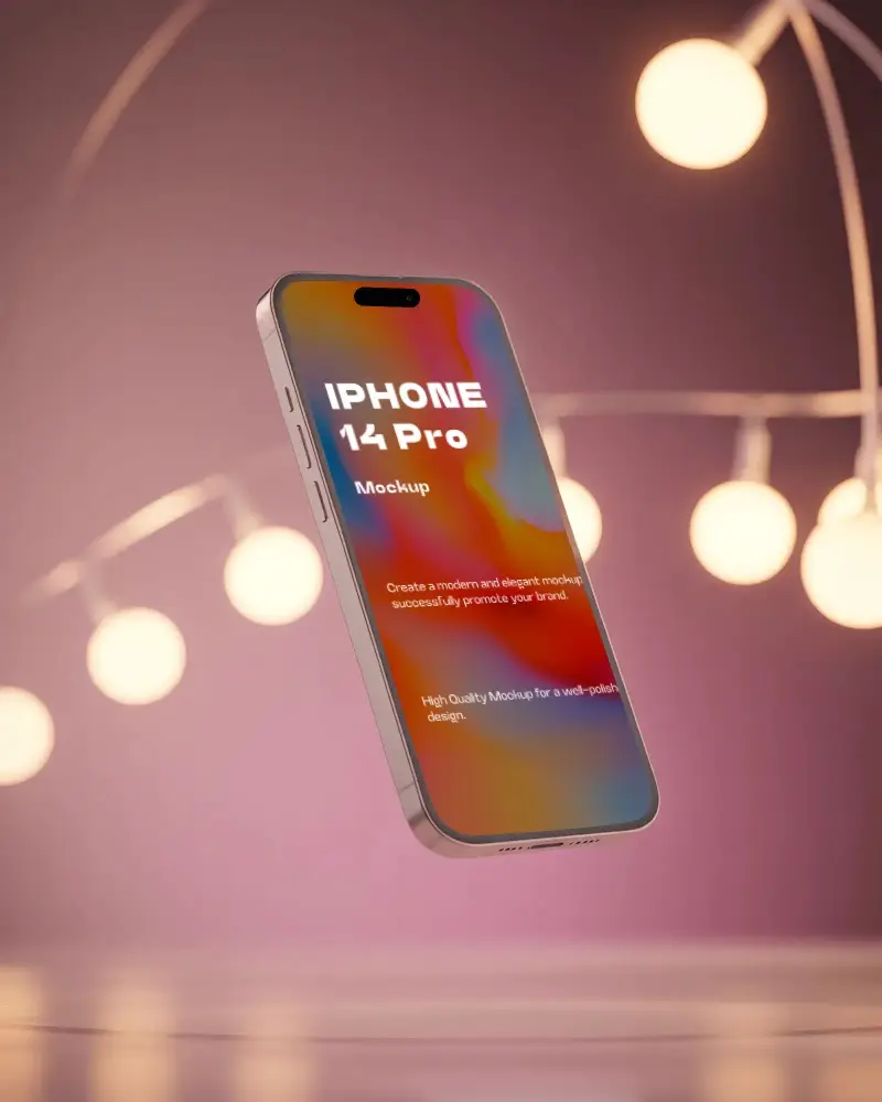 Iphone 14 Pro Mockup Floating At Angle Against Soft Pink Background With Round Bokeh Lights