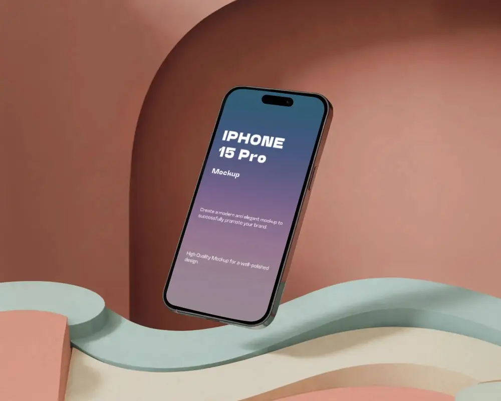 Iphone 15 Pro Mockup Floating Above Soft Pastel Waves With Curved Modern Background