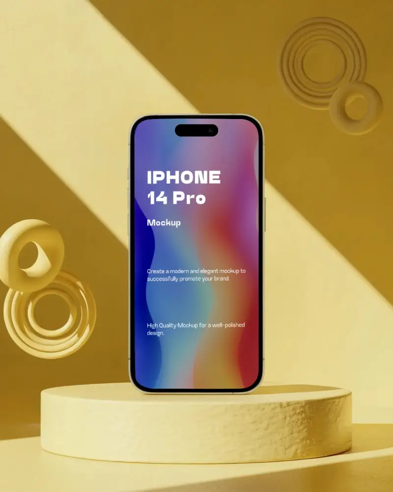 Iphone 14 Pro Mockup Standing On Yellow Pedestal In Modern Geometric Studio Lighting