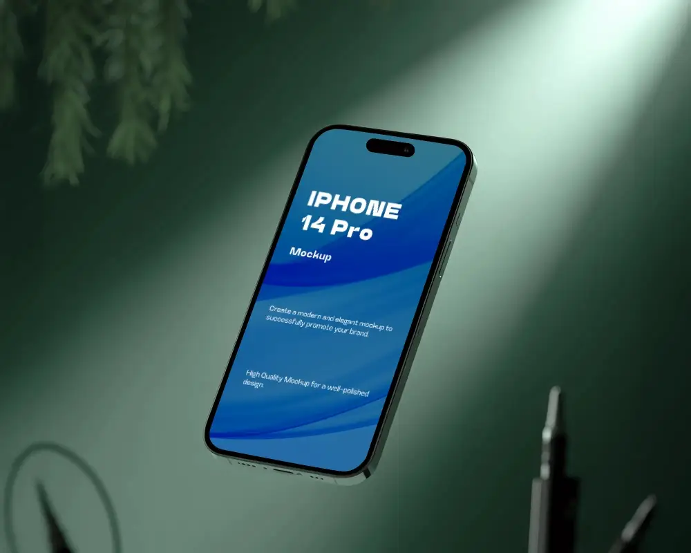 Levitating Iphone 14 Pro Mockup In Green Matte Studio With Spotlight And Botanical Accents
