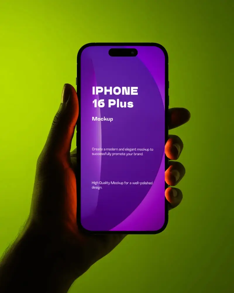 Neon Backdrop Hand Holding Iphone 16 Plus Mockup With Dark Shadow And Electric Green Light