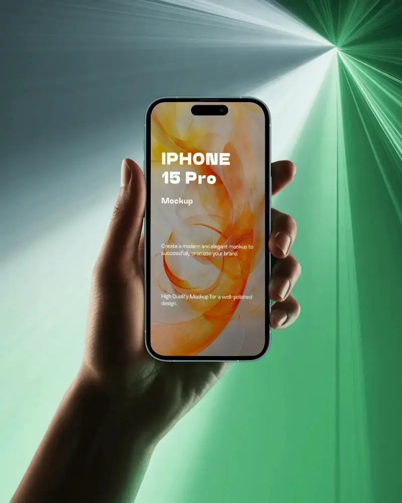 Iphone 15 Pro Mockup Handheld In Front Of Dynamic Laser Light Green And White Gradient