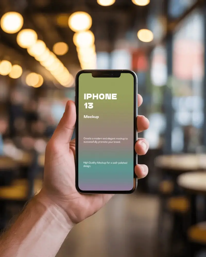 Handheld Iphone 13 Mockup Inside Modern Cafe Blurred Bistro Lights And Wooden Interior