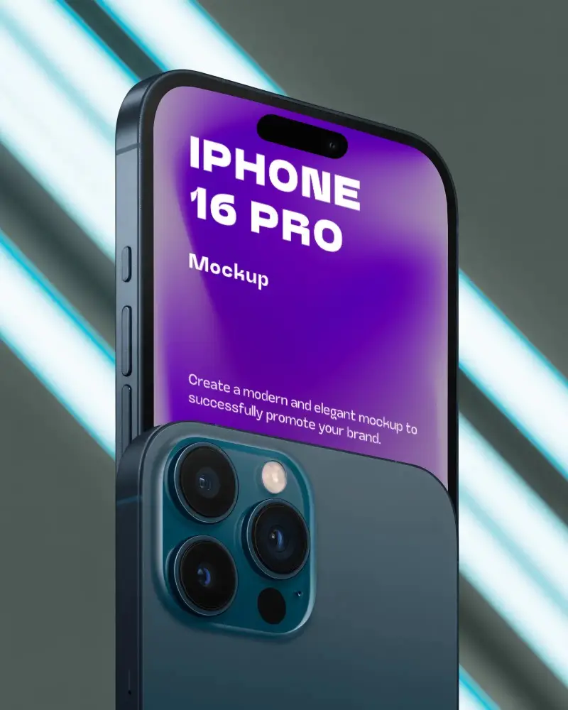 Futuristic Backdrop Iphone 16 Pro Mockup Front And Back View With Neon Stripes Background