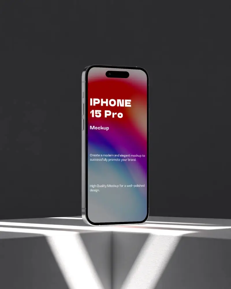 Elegant Iphone 15 Pro Display Mockup On Geometric Pedestal With Crisp Angled Lighting