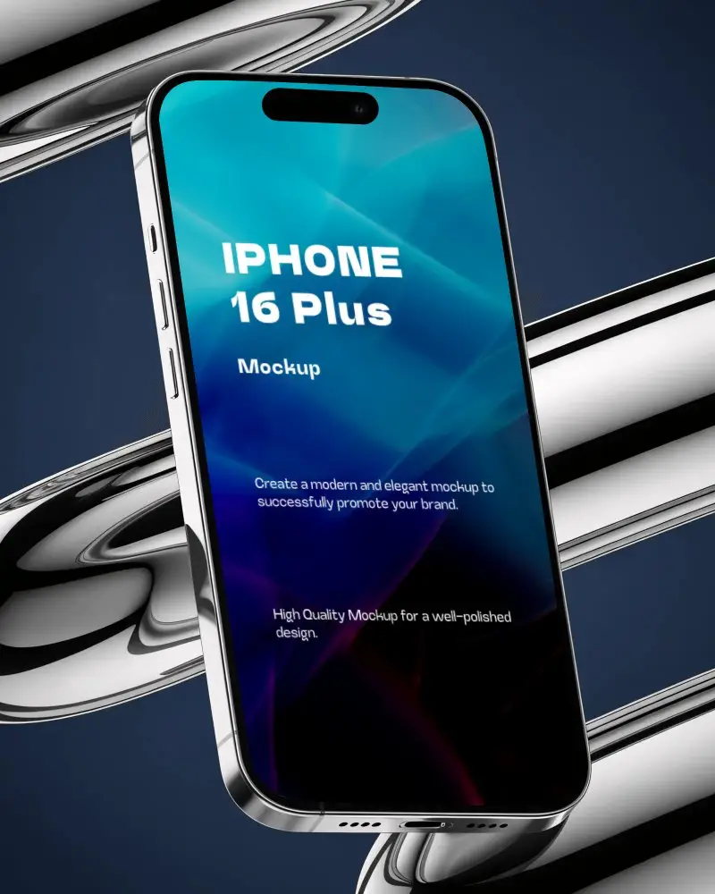 Futuristic Iphone 16 Plus Mockup Floating In Metallic Ring Background With Deep Blue Contrast