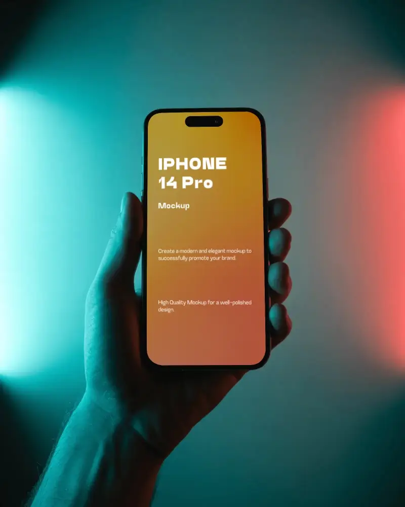 Hand Holding Iphone 14 Pro Mockup With Red And Blue Neon Glow Background Modern Studio Light