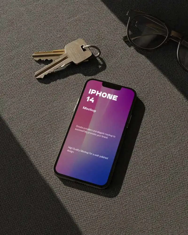 Top View Iphone 14 Mockup On Textile Surface With Glasses And Keys In Warm Sunlight