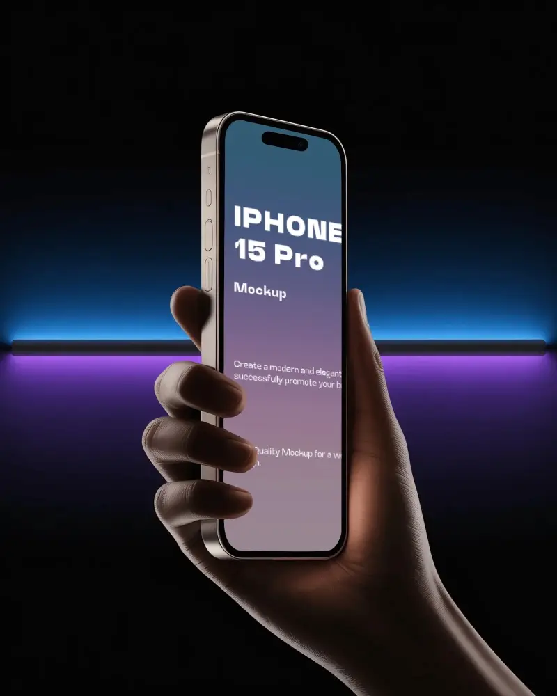 Hand Holding Modern Iphone 15 Pro Mockup With Black Screen On Dark Background With Neon Light