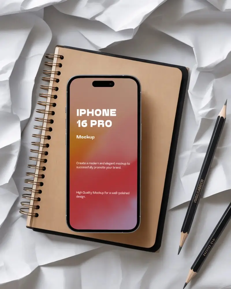 Modern Iphone 16 Pro Mockup On Spiral Notebook With Pencil Creative Digital Devices Layout