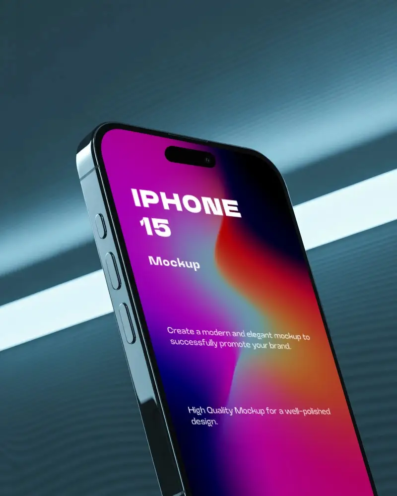 Futuristic Blue Light Iphone 15 Mockup Angled Left View In High Contrast Studio Setting