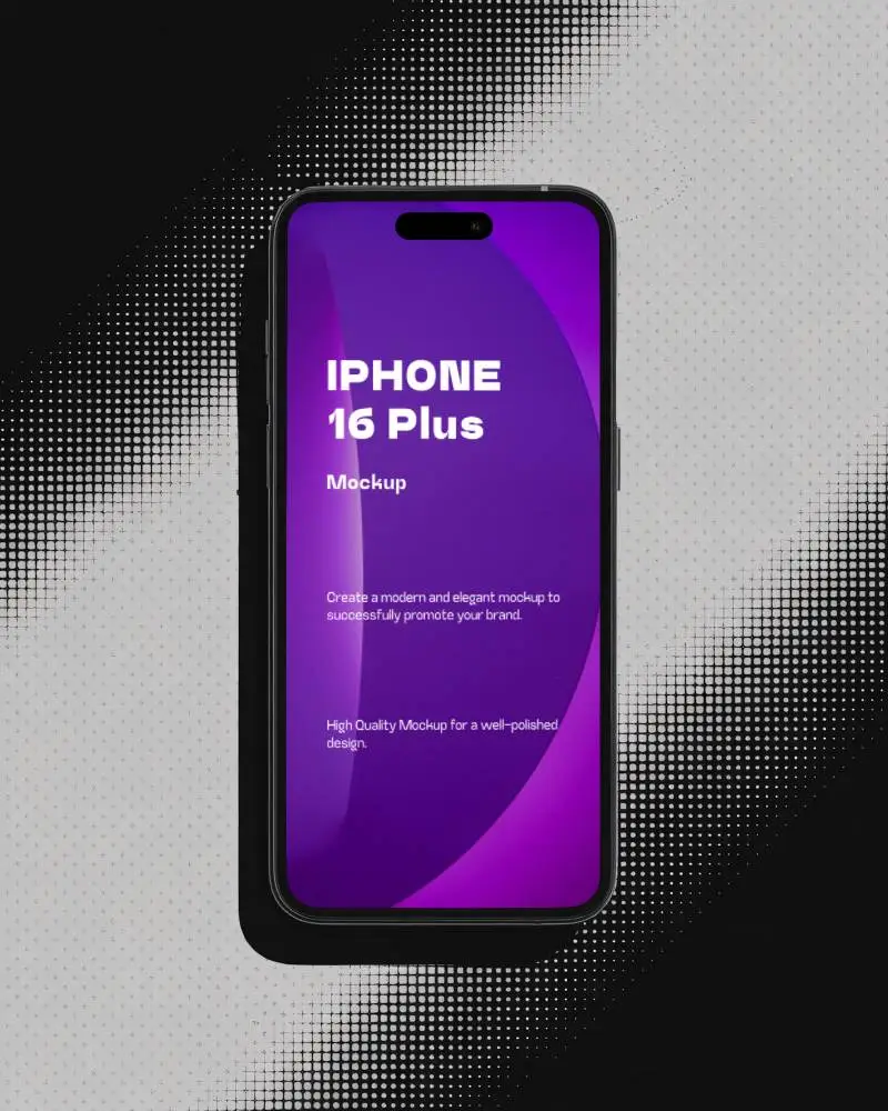 Iphone 16 Plus Mockup Top View Against Gradient Halftone Pattern In Monochrome Styling