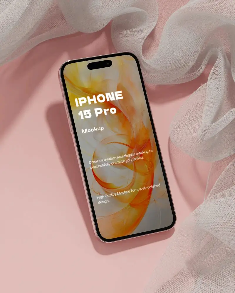 Soft Pink Aesthetic Iphone 15 Pro Mockup Top View With Floating Fabric And Dreamy Shadows