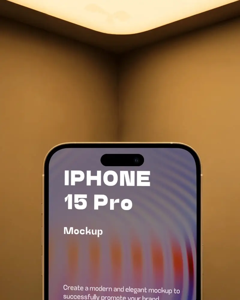 Iphone 15 Pro Mockup Front Closeup In Golden Corner Niche With Soft Glow Lighting Above