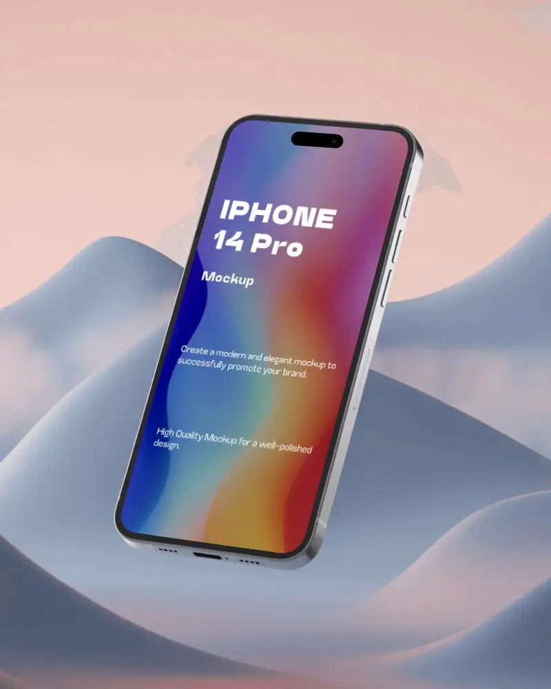 Iphone 14 Pro Floating Mockup Above Surreal Blue Pink Landscape With Soft Gradient Hues