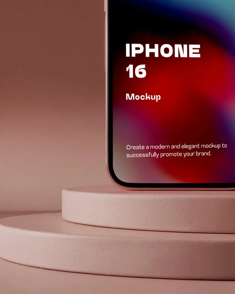 Iphone 16 Mockup Bottom Closeup On Pink Stone Podium With Soft Gradient Light And Shadow