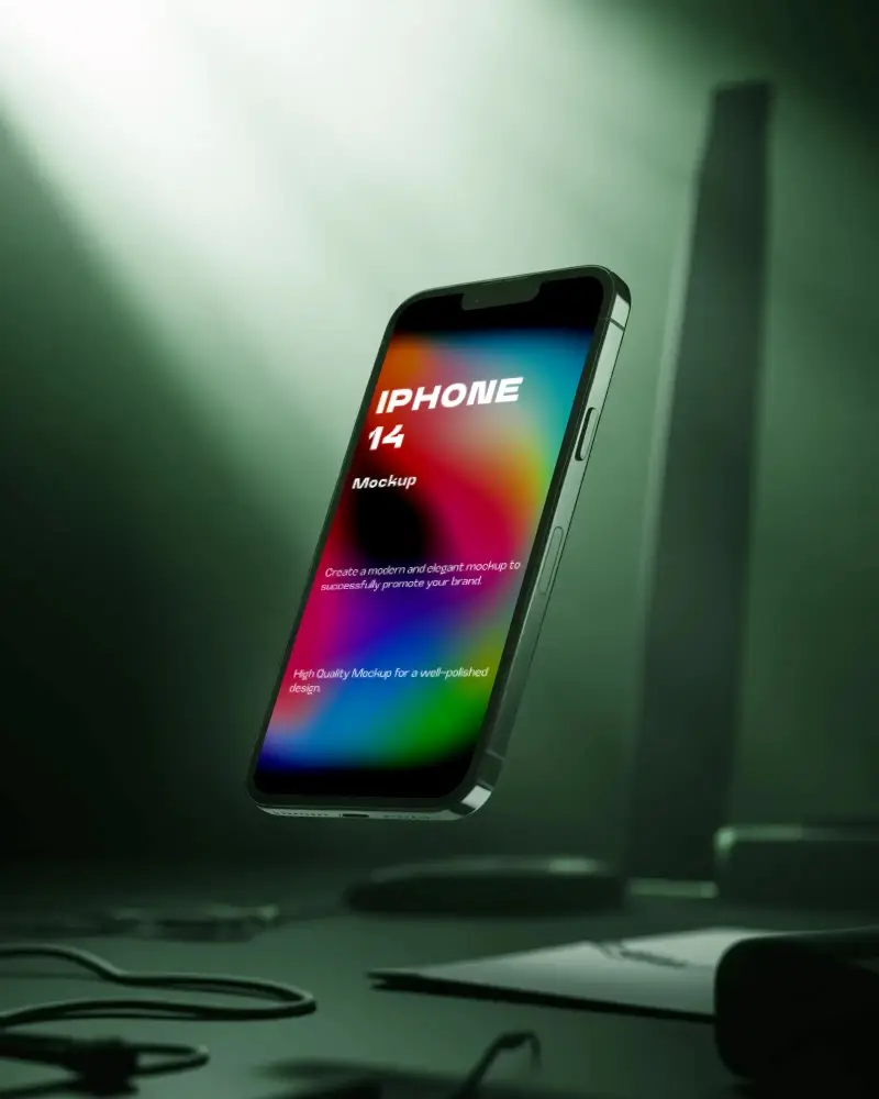 Floating Iphone 14 Mockup Dark Cinematic Lighting Angled Front View Modern Setup Style