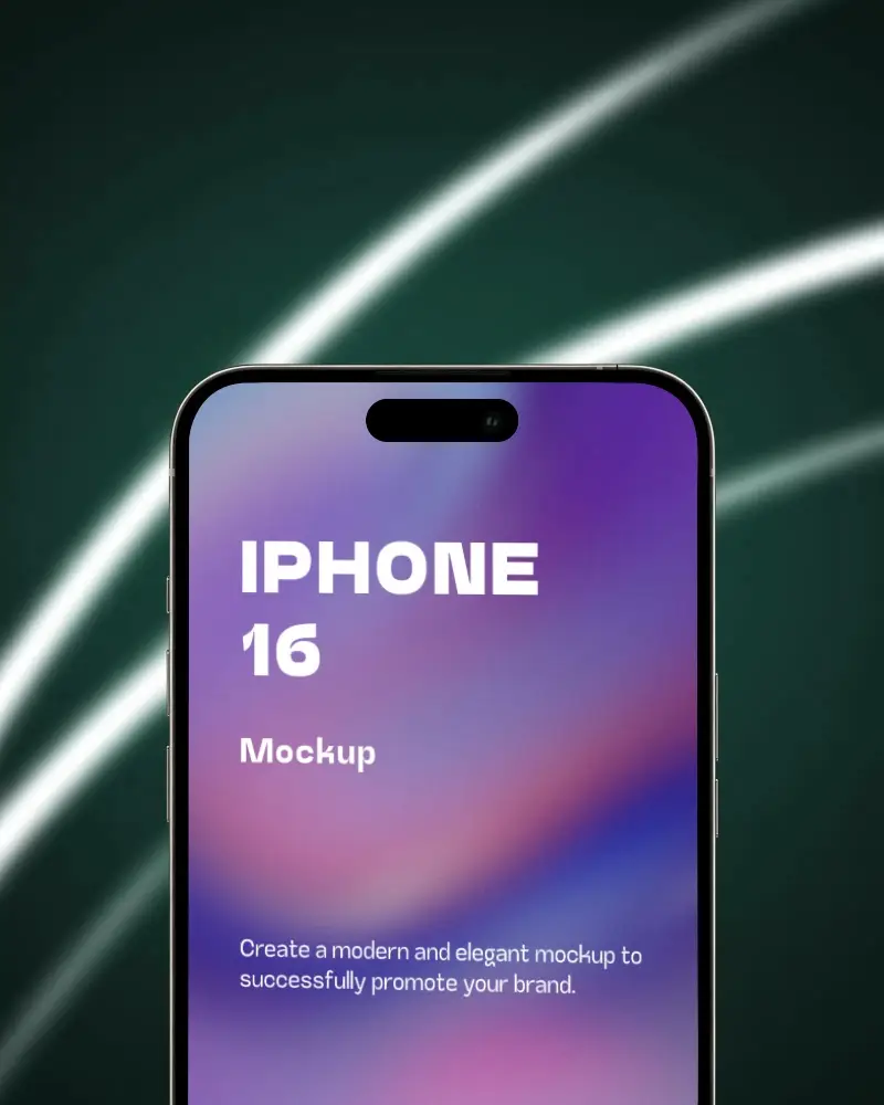 Close Up Iphone 16 Mockup Front View With Glowing Light Trails And Dark Gradient Backdrop