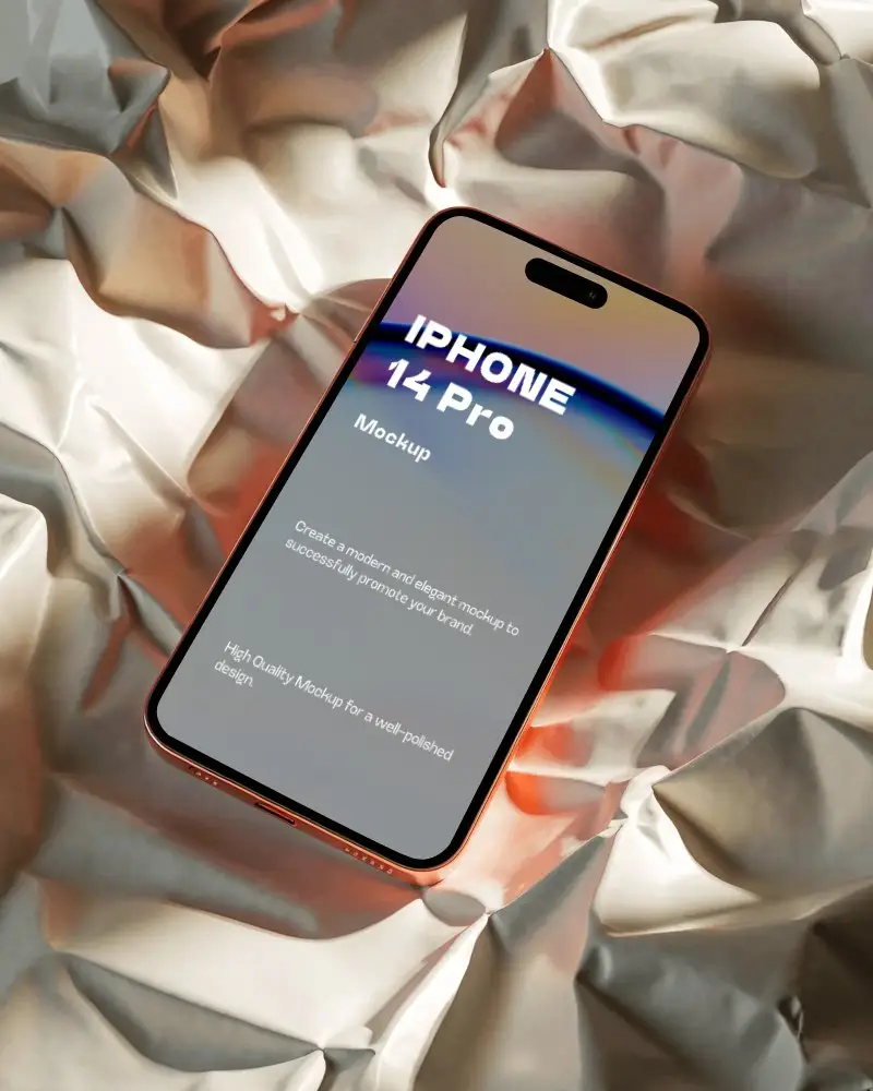 Premium Iphone 14 Pro Mockup On Crumpled Paper With Ambient Warm Studio Light