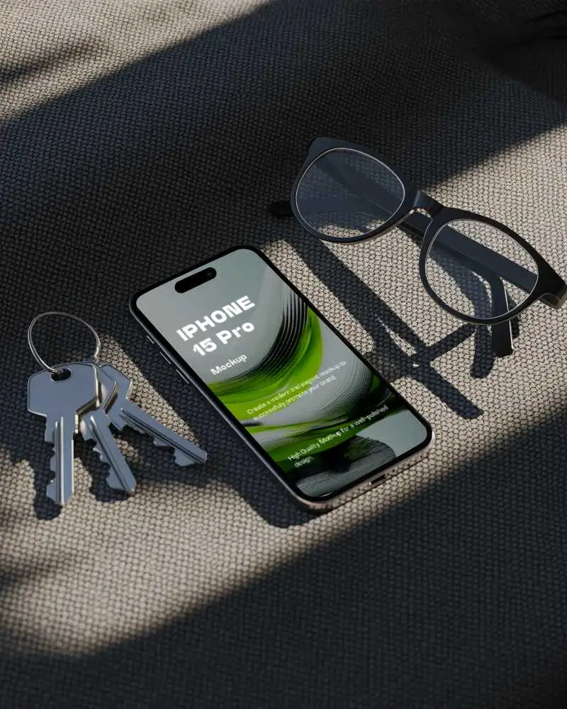 Top View Iphone 15 Pro Mockup Styled With Metal Keys And Glasses On Woven Dark Fabric