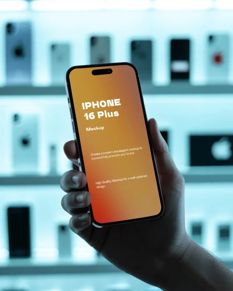 Iphone 16 Plus Front View Mockup In Hand With Sleek Bluish Display Of Retail Smartphones