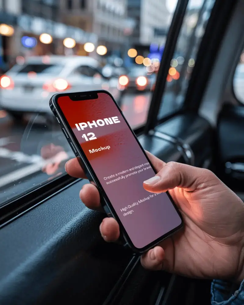Iphone 12 Mockup Handheld By Car Window With Urban City Traffic Bokeh And Evening Lights
