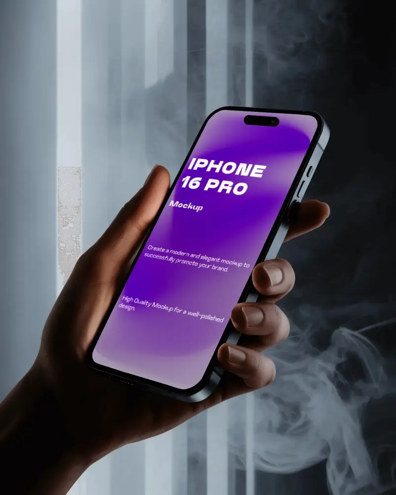 Cinematic Iphone 16 Pro Mockup In Hand With Dramatic Lighting And Swirling Smoky Background