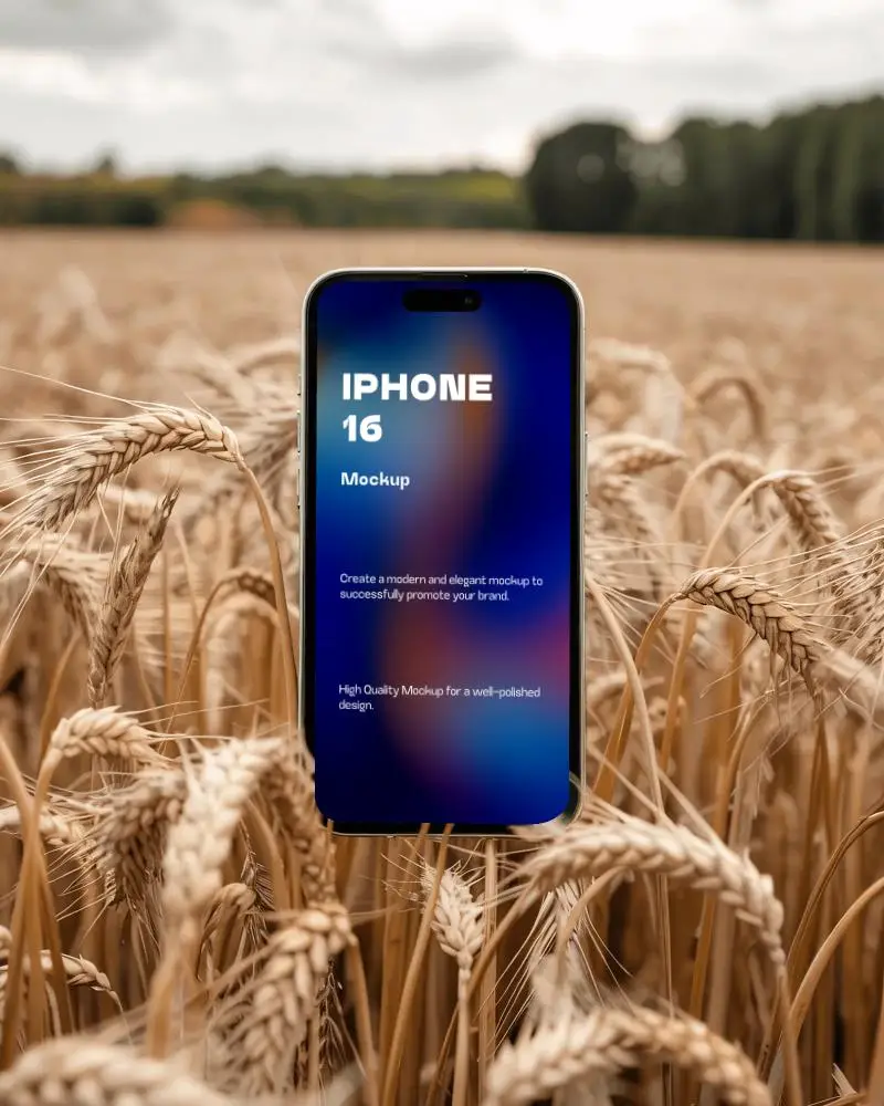 Iphone 16 Mockup Floating In Wheat Field With Golden Harvest Vibes And Blurred Tree Line